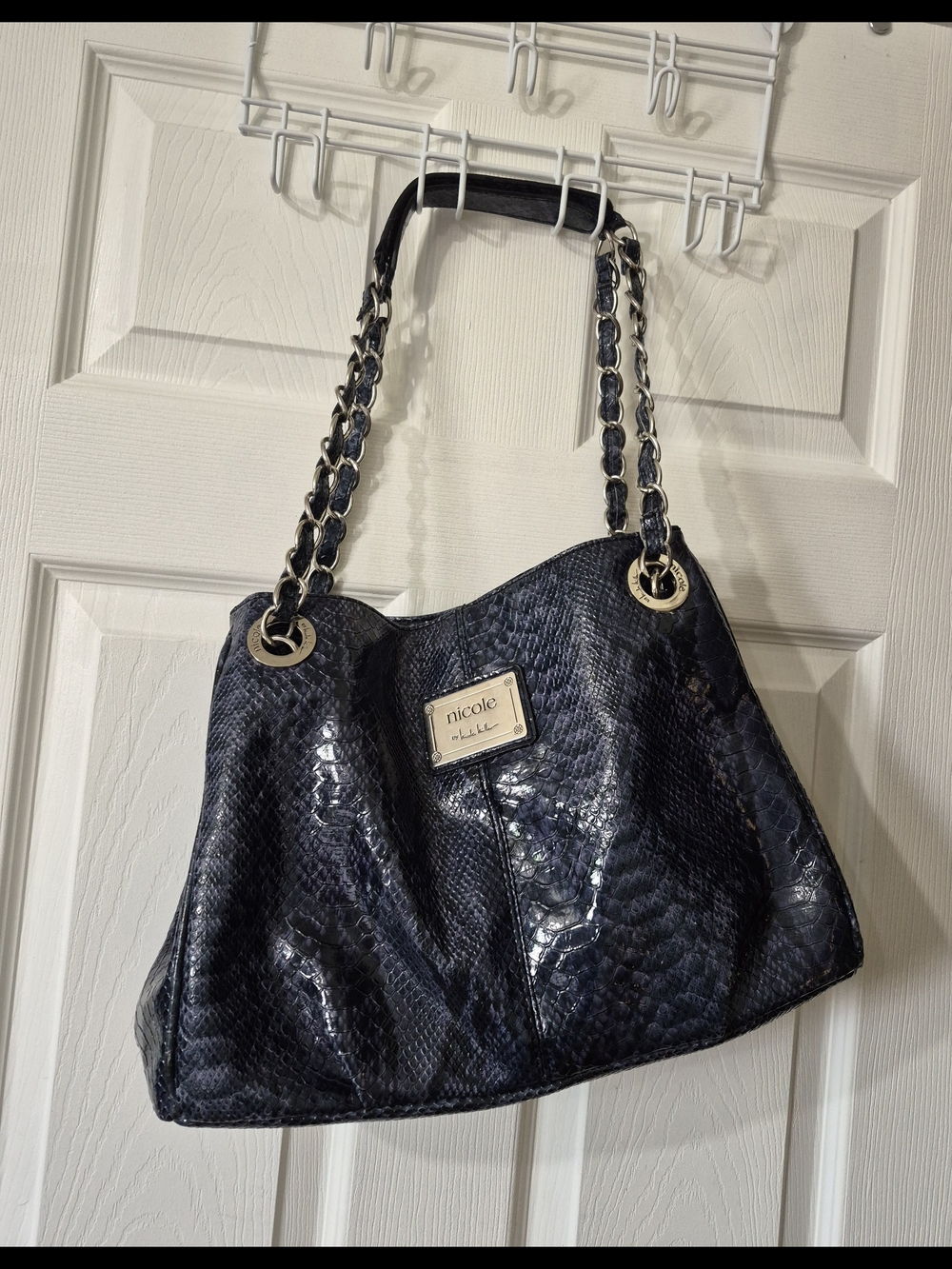 Nicole by Nicole Miller Dark Blue Snake Skin Pattern Shoulder Bag